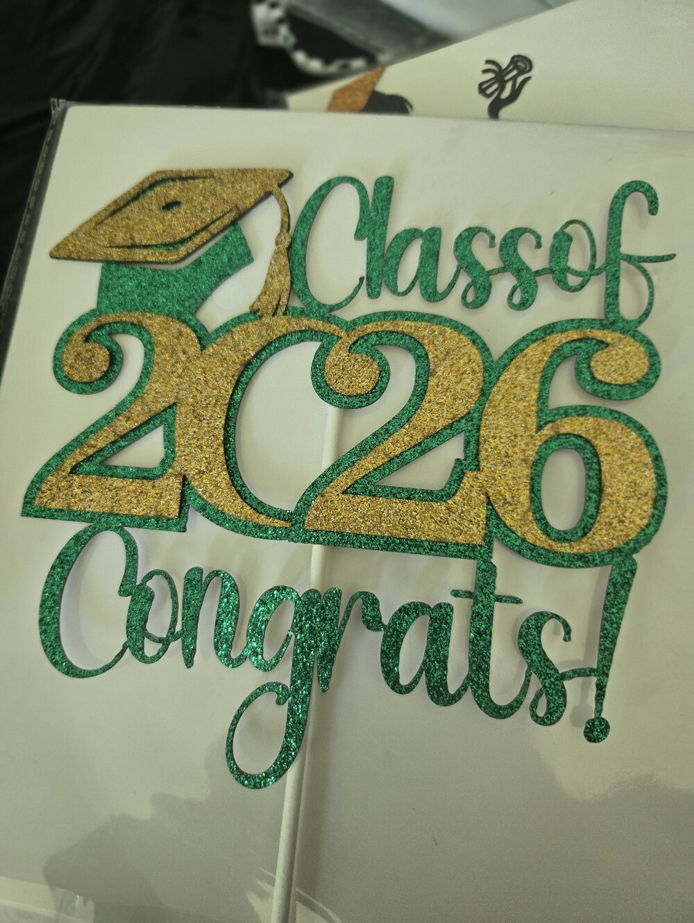 Class of 2026 Congrats! Green & Gold Glitter Cake Topper